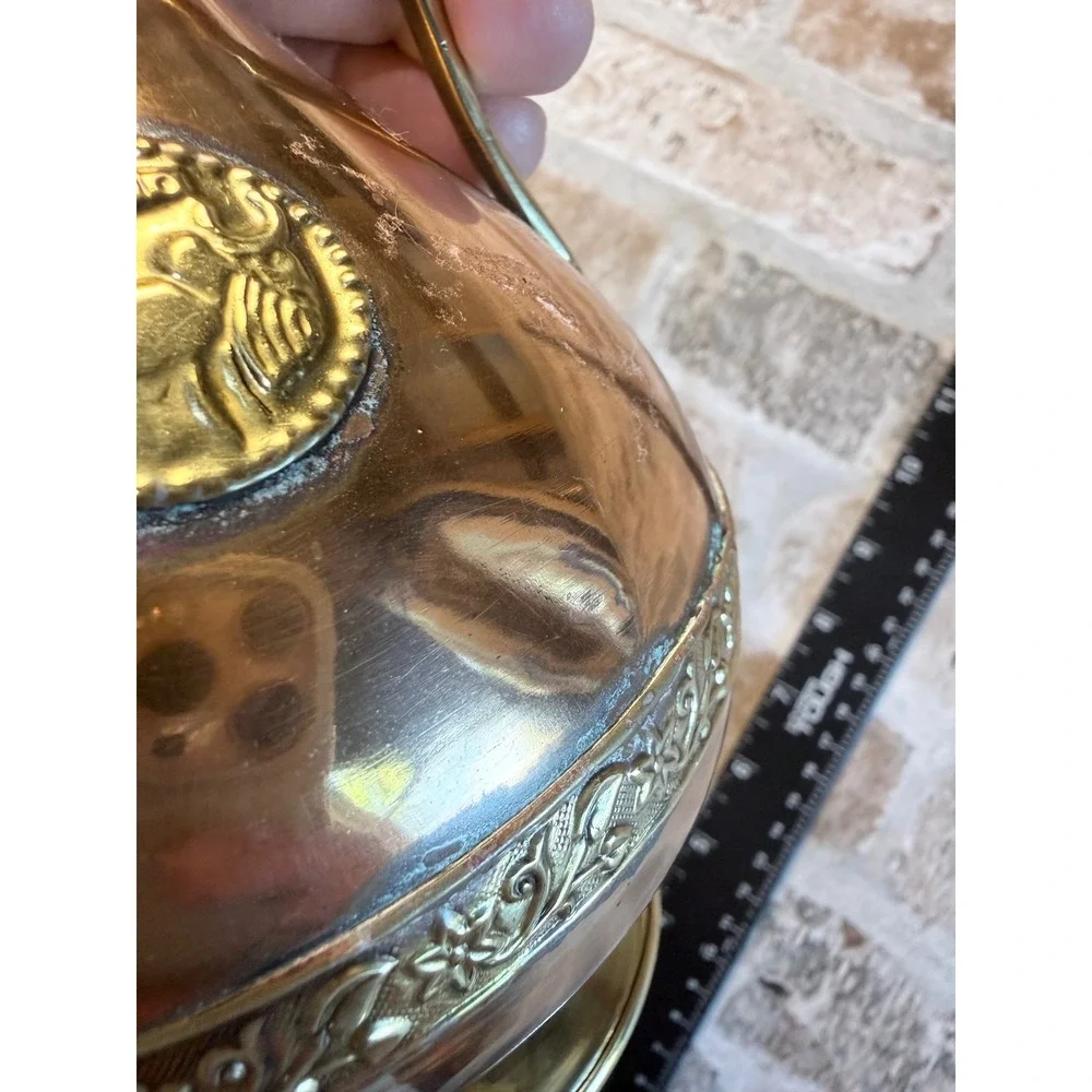 Vintage Copper and Brass Pitcher Ewer with Bull Medallions‎ and Floral Band 10